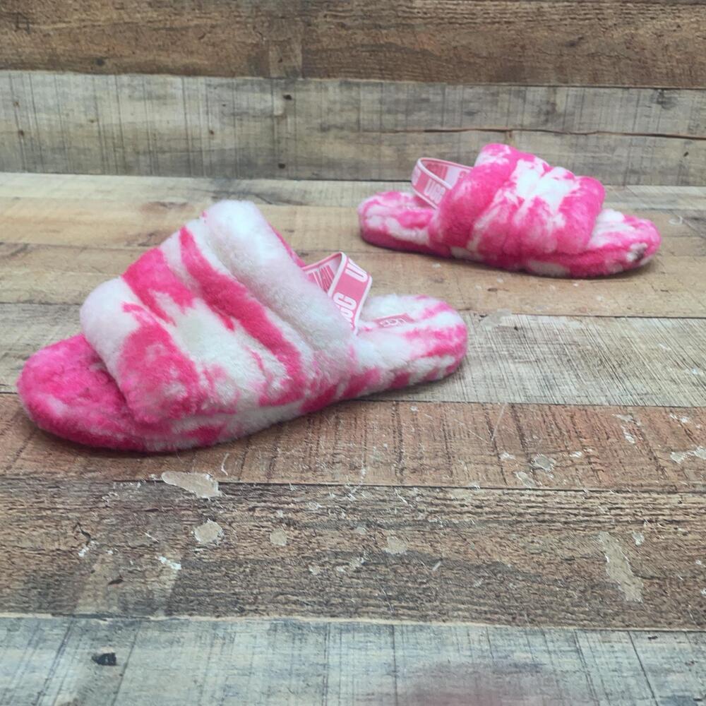 UGG Fluff Yeah Slide Slippers Womens Size 6 Pink Tie Dye Shearling Shoes